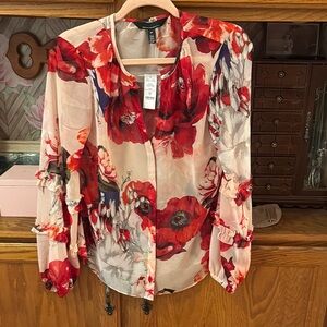 White House Black Market Ruffled Red and Cream Blouse